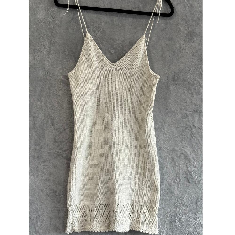 Vintage Inspired Crochet Knit Mini Dress 70s Boho Tie Strap Openwork Ivory Cream